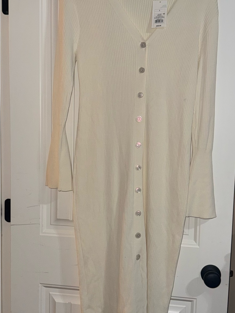 Ribbed Button-Front Long Sleeve Cardigan Dress - Cream